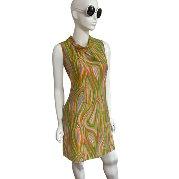 Groovy Handmade One of a Kind 60s / 70s Psychedelic Swirl Mock Neck Mini Dress - Picture 4 of 11